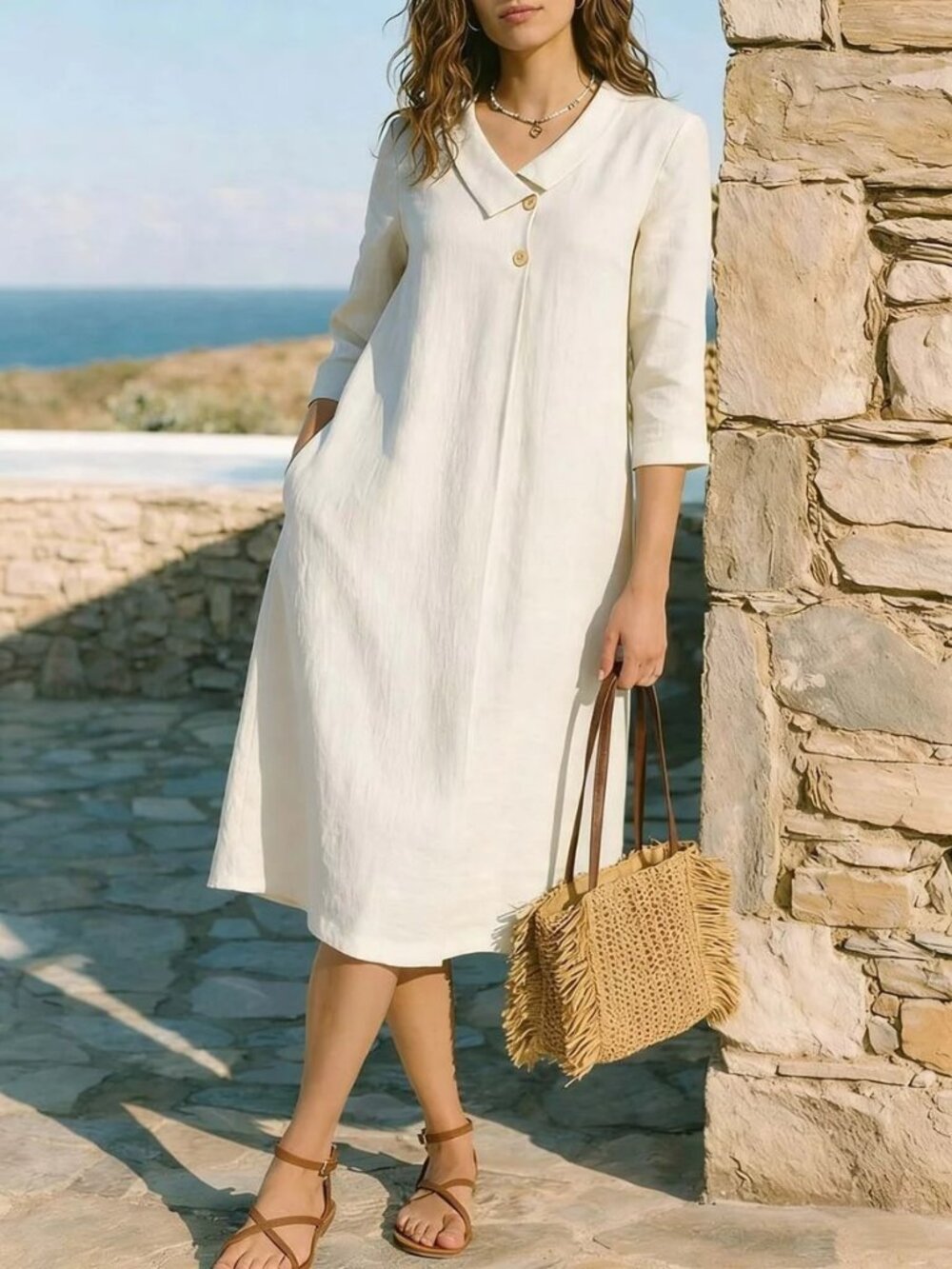 Women's White Linen Blend Irregular Suit-Style Collar Dress